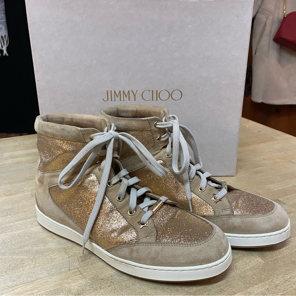 JIMMY CHOO Tokyo Nude Glitter Suede High Top Sneakers 37.5